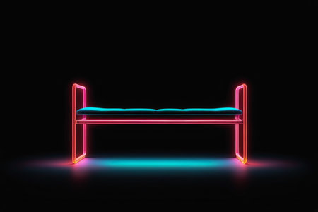 neon bench in the dark with a blue seat and a pink seatの素材