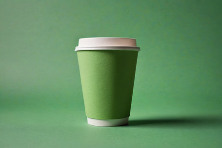 there is a green cup with a white lid on a green surfaceの素材