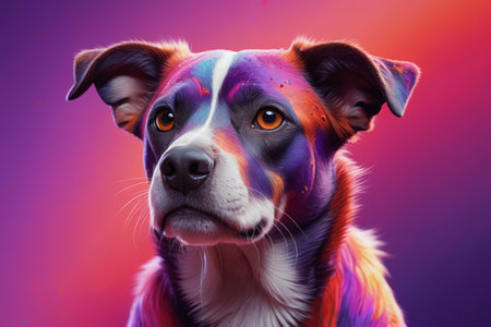 brightly colored dog portrait with orange eyes and pink backgroundの素材