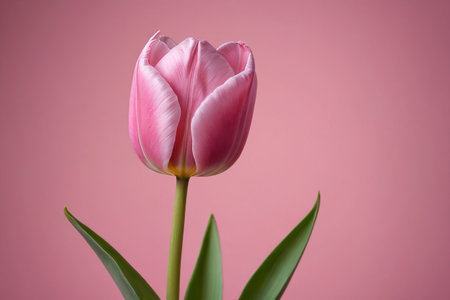 there is a pink tulip with a green stem on a pink backgroundの素材