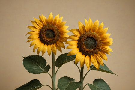 there are two sunflowers in a vase with green leavesの素材