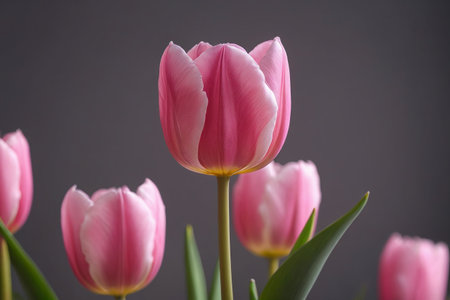 there are many pink tulips in a vase on a tableの素材