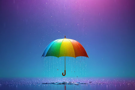 brightly colored umbrella in the rain with water dropsの素材