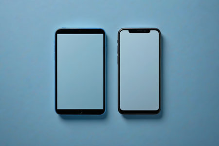 two black and white smartphones on a blue surfaceの素材