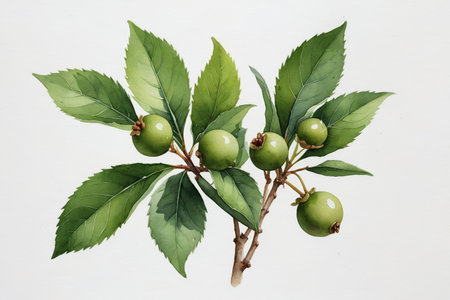 there are green fruits on a branch with leaves on itの素材