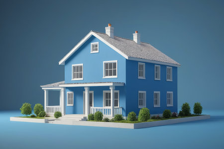 arafed blue house with a white porch and a porch with a porchの素材
