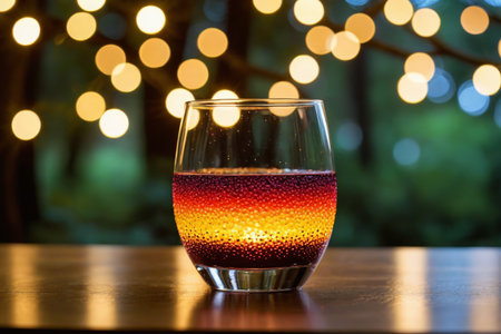 there is a glass of wine sitting on a table with lights in the backgroundの素材