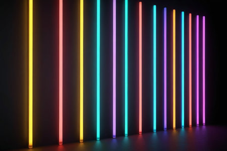 a group of neon sticks are lined up against a wallの素材