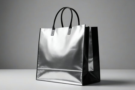 a silver shopping bag on a table with a black handleの素材
