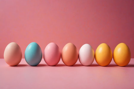 several eggs are lined up in a row on a pink surfaceの素材