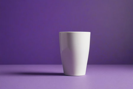 there is a white cup sitting on a purple surfaceの素材