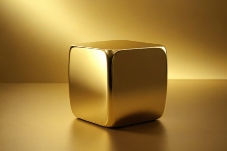 a close up of a shiny golden cube on a tableの素材
