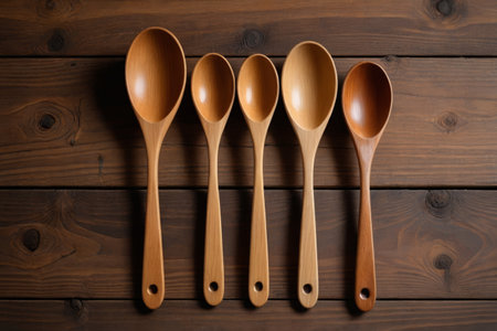 four wooden spoons lined up on a wooden surfaceの素材