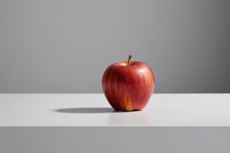 there is a red apple sitting on a white tableの素材