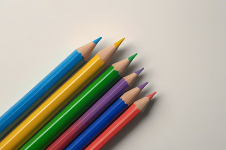 several colored pencils are lined up on a white surfaceの素材