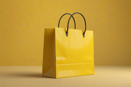 yellow shopping bag on a table with a yellow backgroundの素材
