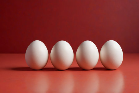 four eggs are lined up in a row on a red surfaceの素材