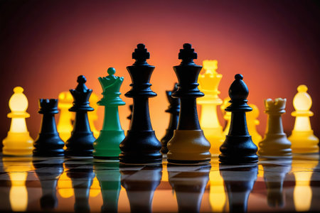 chess pieces on a chess board with a red backgroundの素材