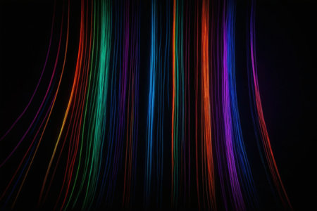 a close up of a colorful light streaks on a black backgroundの素材