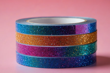 a close up of a stack of three rolls of glitter tapeの素材