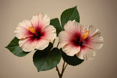 there are two pink flowers with green leaves in a vaseの素材