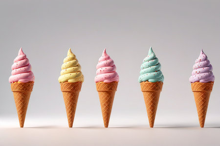 four ice cream cones with different colors of ice cream in themの素材