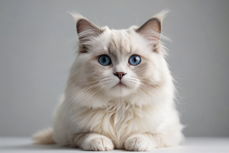 there is a white cat with blue eyes sitting on a tableの素材