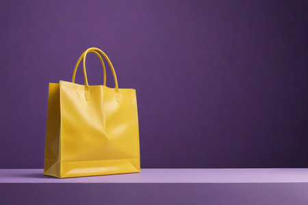 a yellow shopping bag on a purple surfaceの素材
