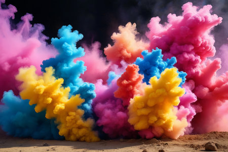 a close up of a group of colored smokes in the airの素材