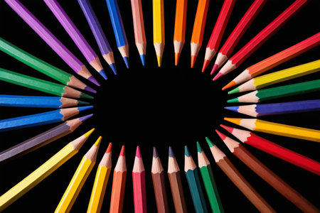 a close up of a circle of colored pencils with a black backgroundの素材