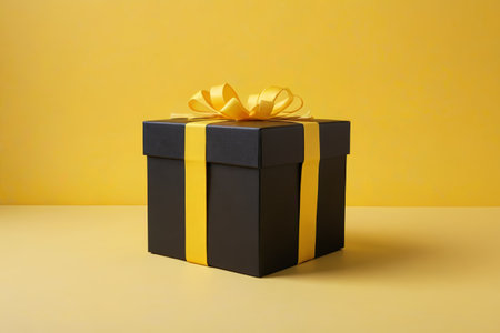a close up of a black and yellow gift box with a yellow bowの素材