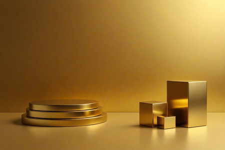 there is a gold pedestal and a gold chair in a roomの素材