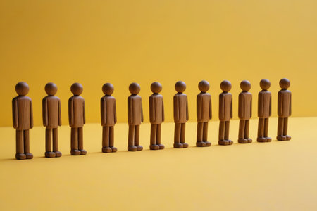 there are a lot of wooden people standing in a rowの素材