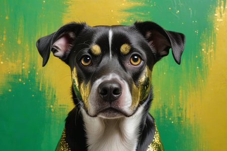 there is a dog with a gold collar and a green backgroundの素材