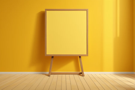 Minimalist easel against a yellow background, artistic display in a bright spaceの素材