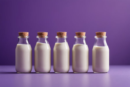 A minimalist aesthetic of pure milk, milk bottle on a purple backgroundの素材