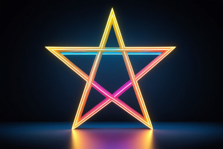Neon starlight shines in the night sky, futuristic technological pentagramの素材