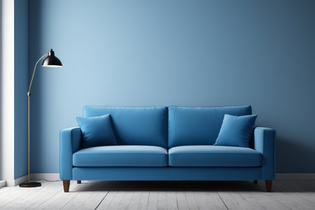 Blue sofa with tranquil space, simple home color aestheticの素材