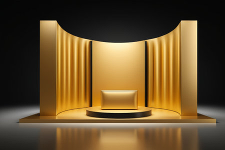 The bright light of the golden stage, a luxurious display space with a golden backgroundの素材