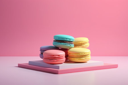 Sweet layering of macarons, macarons on a pink backgroundの素材