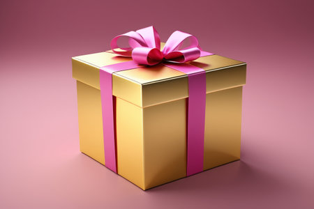 Sweet surprise in gold gift box, holiday gift in pink ribbonの素材