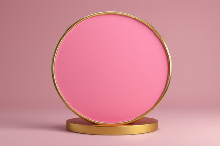 The geometric aesthetics of a pink disc, minimal fashion under a gold ringの素材