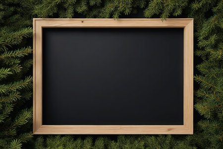 Blackboard space surrounded by pine branches, green message boardの素材