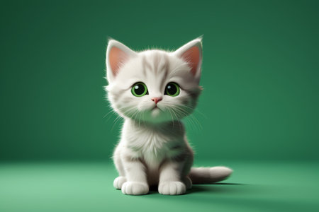 The healing moment of a cute pet kitten, a cute cat against a green backgroundの素材