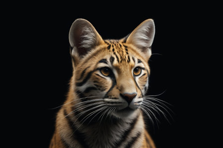 Close-up of a small and charming caracal, the beauty of a caracal on a black backgroundの素材