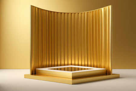 Spotlight focus on a golden stage, product display against a luxurious golden backgroundの素材
