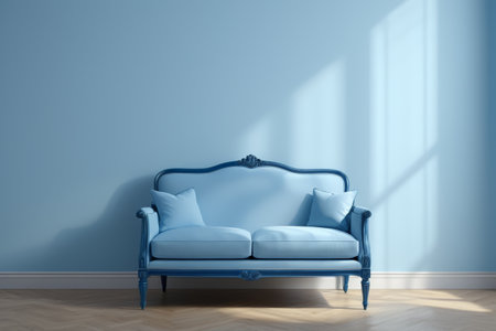 Blue sofa with light and shadow, peaceful blue home spaceの素材