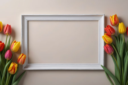 The spring day with tulips and white frames leaves the floral mood in the white framesの素材