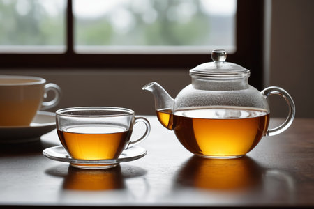 A pot of tea slow-cooking time, the oriental charm in a glass tea setの素材