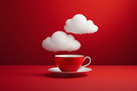 Coffee cup with suspended clouds on red backgroundの素材